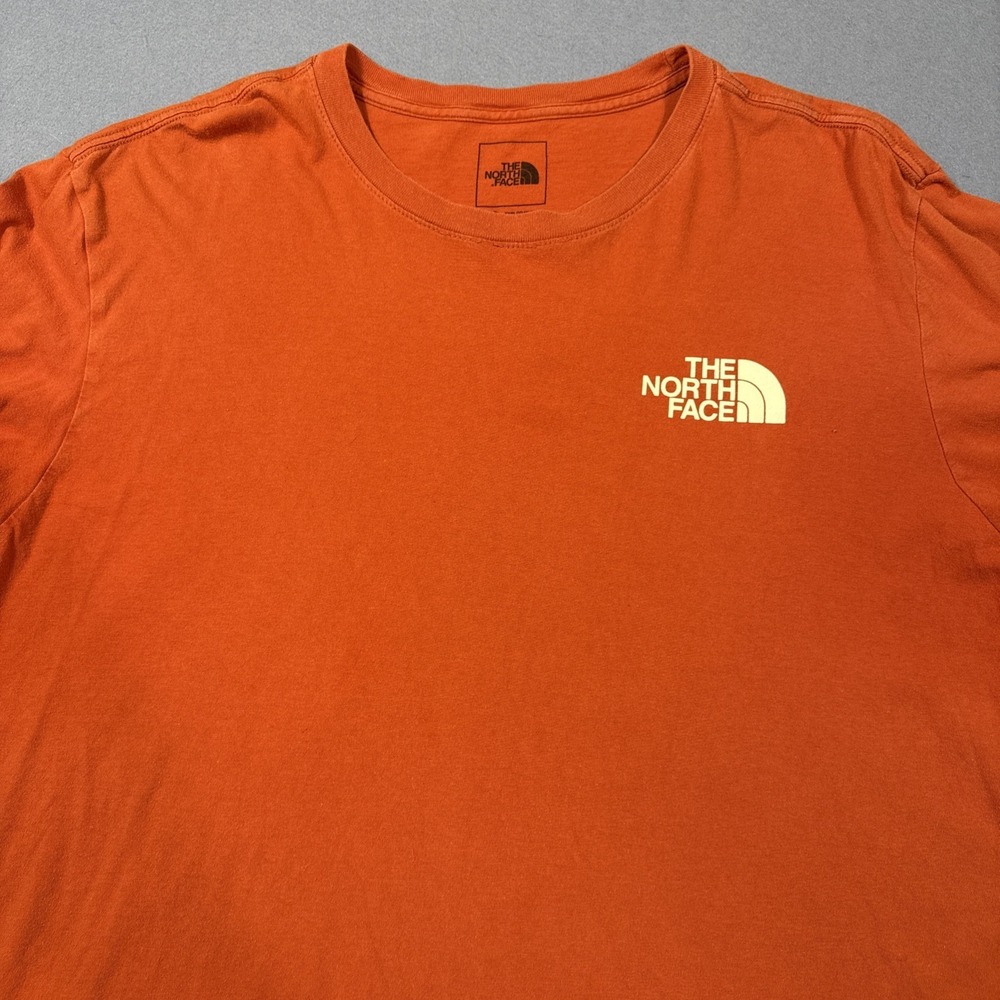 NORTH FACE LONG SLEEVE T SHIRT MENS XL ORANGE GRAPHIC TEE SLEEVE SPELL OUT